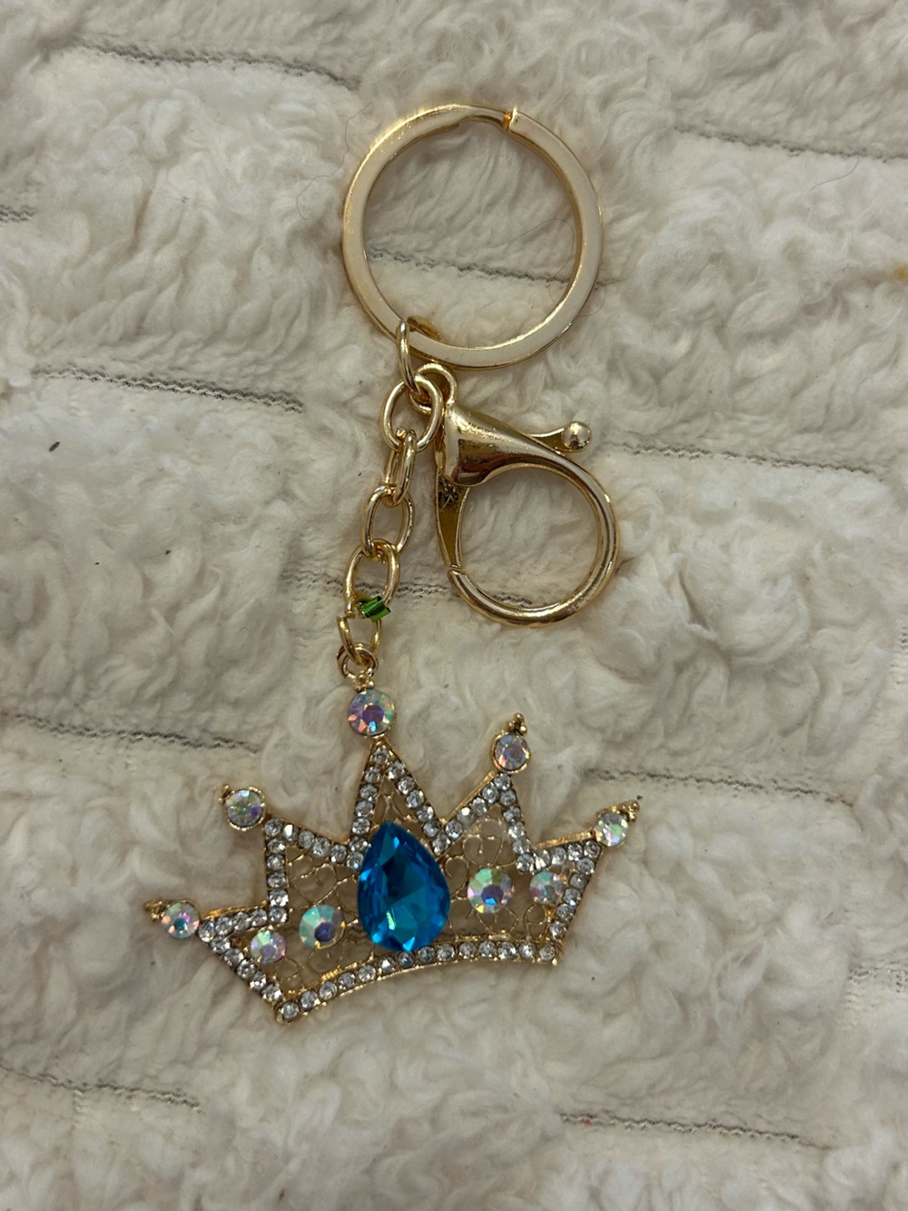Rhinestone Princess Crown Keychain | Blue Crystal Purse Charm | Gold Tone